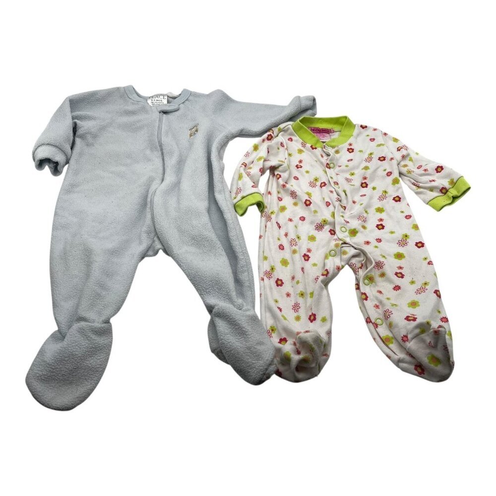 Lot of 2 Baby Girl‎ One Piece Footed Pajamas 3-6M Floral Long Sleeves Crew Neck